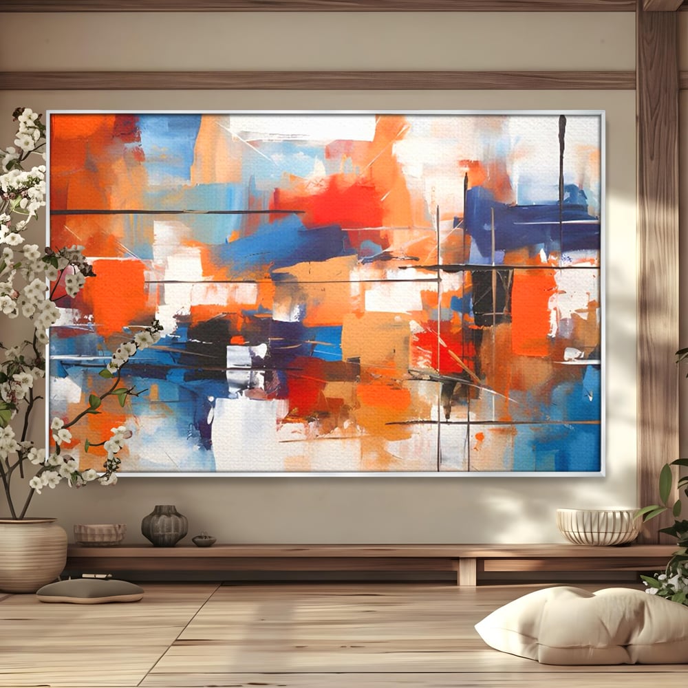 Tablou canvas cu tablou canvas pictura abstracta multicolora, in rama de aluminiu argintiu